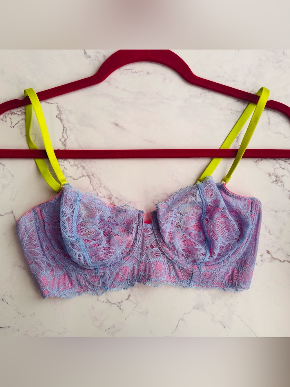 Free People Dora Larsen Lace Underwire Bra. Neon Straps - Pink & light blue